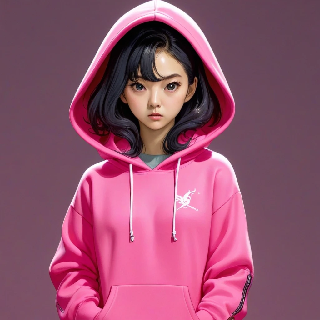 Kang Sae-byeok, Squid Game, Jung Ho-yeo, holding a knife with her hand, wearing a pink hoodie, simple background, evil expression, shes an amoral thief
