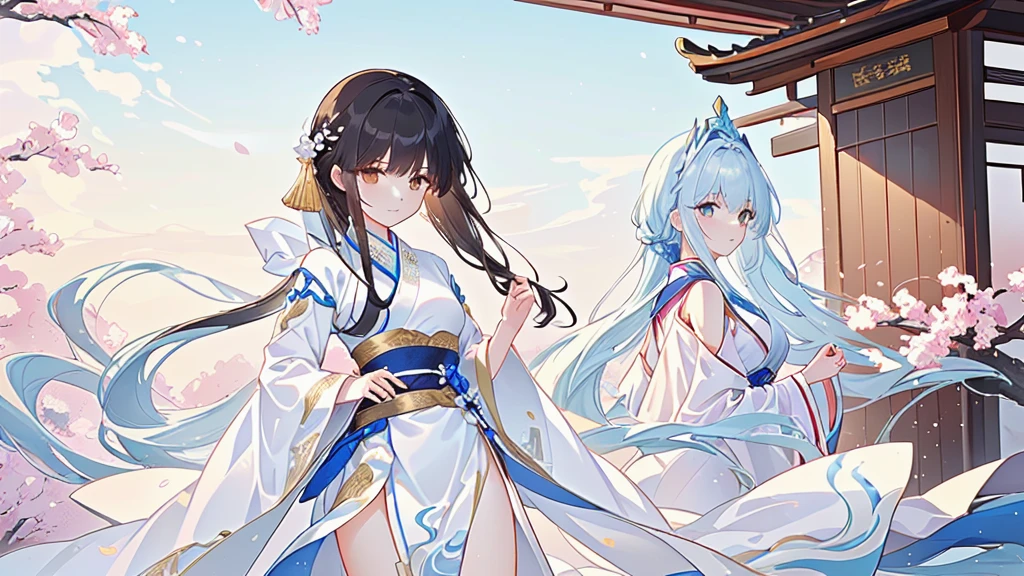 Cartoon scene with two women in traditional costumes standing in front of a building, flowing white robe, Long flowing hair and robes, White Hanfu, Wearing a white robe!, Official Fanart, palace , Girl wearing Hanfu, Wing Wall and Shurak, Inspired by Border Guardians, Hanfu, Gu Weiss, Warring States period art style