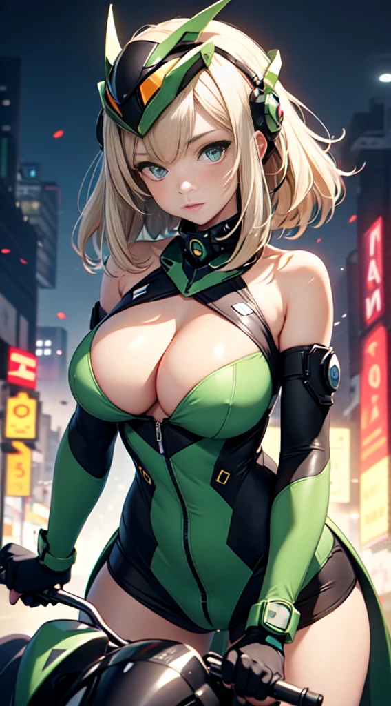 Highest image quality, outstanding details, ultra-high resolution, [realism: 1.4], the best illustration, favor details, highly condensed 1girl, with a delicate and beautiful face, dressed in a black and green mecha, wearing a mecha helmet, holding a directional controller, riding on a motorcycle, the background is a high-tech lighting scene of the future city, (show off ), bare shoulders, blush, 
