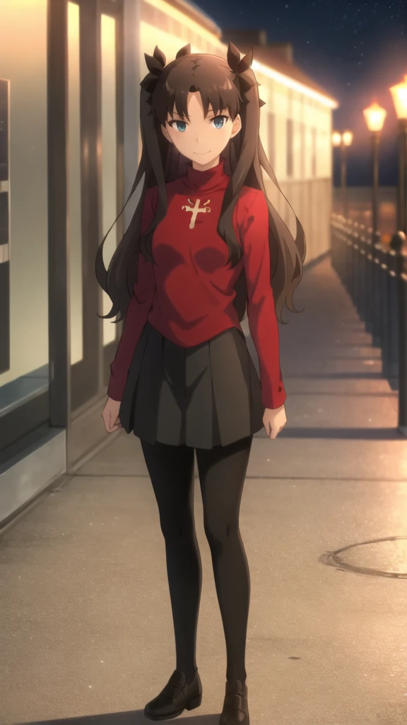 best quality, (masterpiece:1.2), highly detailed,
city, cityscape, night,
tohsaka rin,
1girl, solo, standing, looking at the viewer, smile, closed mouth, slight blush,
long hair, two side up, brown hair, blue eyes, hair ribbon,
red turtleneck, long sleeves, pleated skirt, black skirt, black thighhighs boots, 