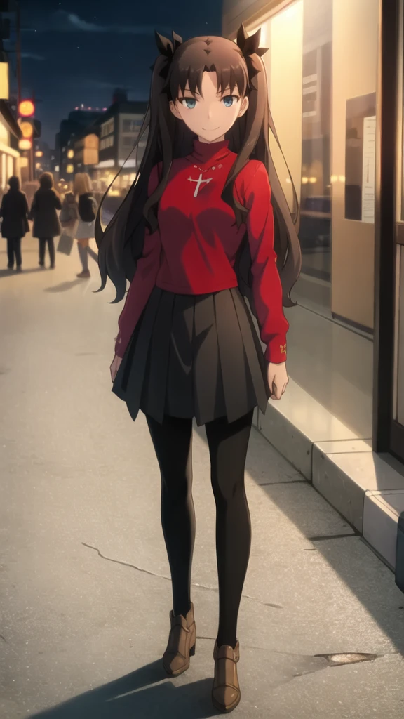 best quality, (masterpiece:1.2), highly detailed,
city, cityscape, night,
tohsaka rin,
1girl, solo, standing, looking at the viewer, smile, closed mouth, slight blush,
long hair, two side up, brown hair, blue eyes, hair ribbon,
red turtleneck, long sleeves, pleated skirt, black skirt, black thighhighs boots,