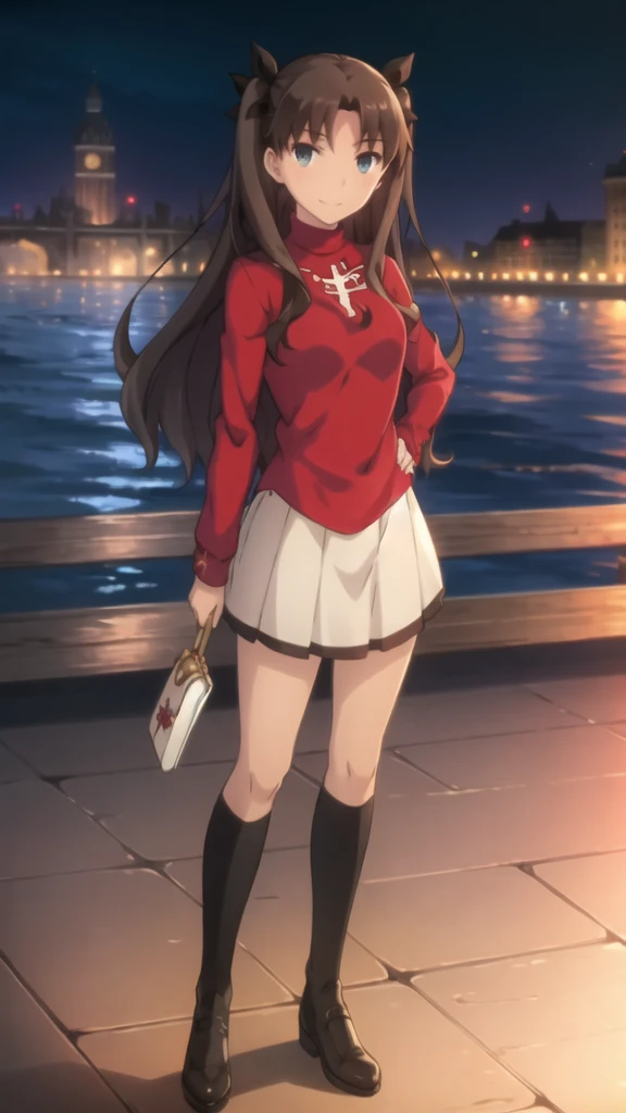 best quality, (masterpiece:1.2), highly detailed,
city, cityscape, night,
tohsaka rin,
1girl, solo, standing, looking at the viewer, smile, closed mouth, slight blush,
long hair, two side up, brown hair, blue eyes, hair ribbon,
red turtleneck, long sleeves, pleated skirt, black skirt, black thighhighs boots,