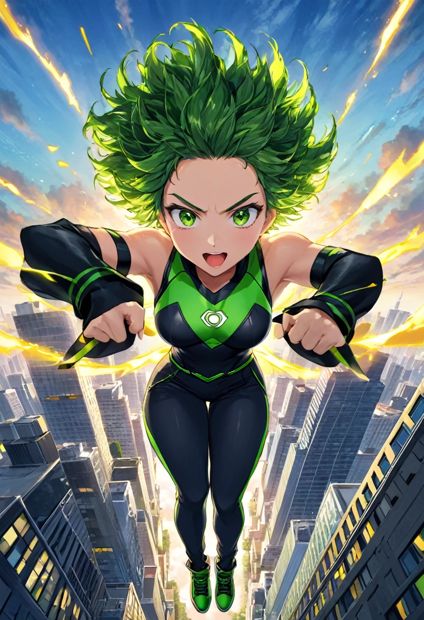 Masterpiece, Izuku Midoriya, Best Quality, cheered up, vivid colors, From above, 1 chico, Alone, superhero, black box pants, green curly hair, big green eyes, parts, in the sky below the city,expression of fury,