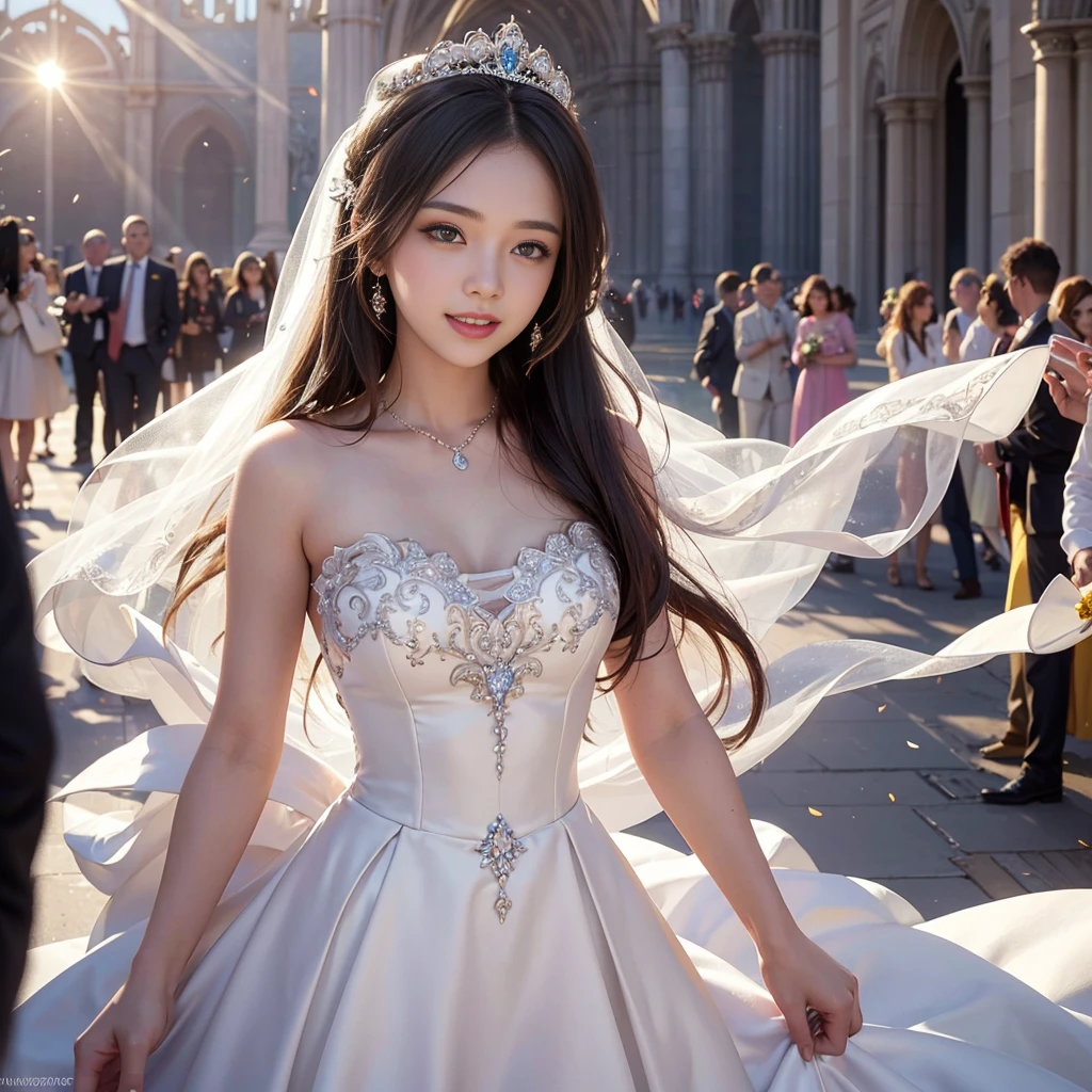 best quality, masterpiece, 1 girl, long hair, huge laugh, cute teen, shiny lips, sweet, sun glare, Conservative attire, wedding dress, bridal tiara, depth of field, blurred background, Cathedral Background, light particles, strong wind, head tilt