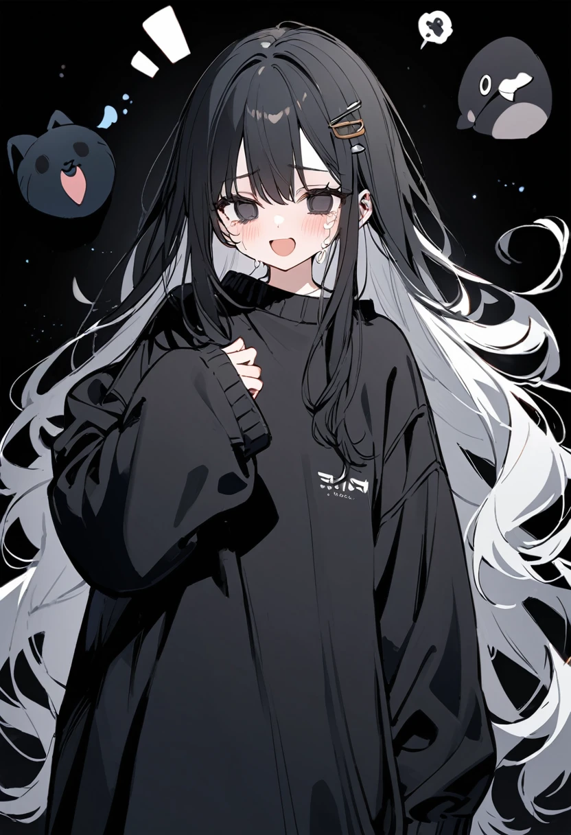 long hair, black hair, white inner hair, crying, open mouth, smile, flustered, Illustration where the pupil does not overlap the lower lash line, The lower half of the eye is white, vacant eyes, black eyes, cellphone, oversized clothes, sleeves past wrists, , black cardigan, black ribbon, piercing, stuffed animal, black background, 1girl, solo, hairpin