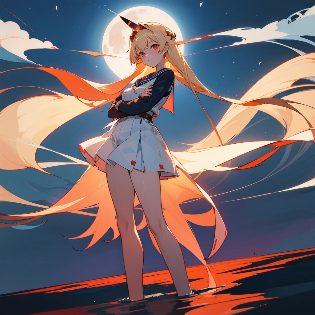 anime girl with long blonde hair and a sailor outfit standing in front of a red full moon, Kantai Collection Style, from the video game azur lane, in front of the full moon, night, in front of a pale full moon, anime style like destiny/Overnight stay, visual anime of a cute girl, high quality anime art style, of frontline girls