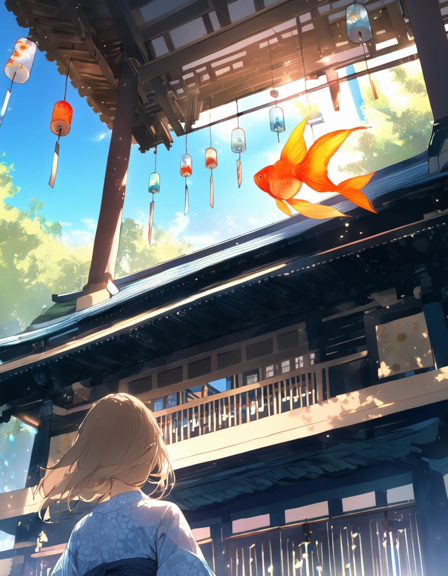 extremely clear 8K wallpaper, extremely delicate and detailed face:1.3, absurdres, masterpiece, pixiv contest winner, by Demizu Posuka, from below, from behind, wide shot view, The scenery on the grounds of the shrine where the wind chime festival is being held, with numerous glass and iron wind chimes hanging from the turret built on the approach to the shrine, making soothing sounds as they sway in the gentle breeze. , a woman wearing a simple goldfish-patterned yukata looks up at the wind chimes while smiling slightly. , a clear blue sky without a single cloud can be seen through the many wind chimes. ,