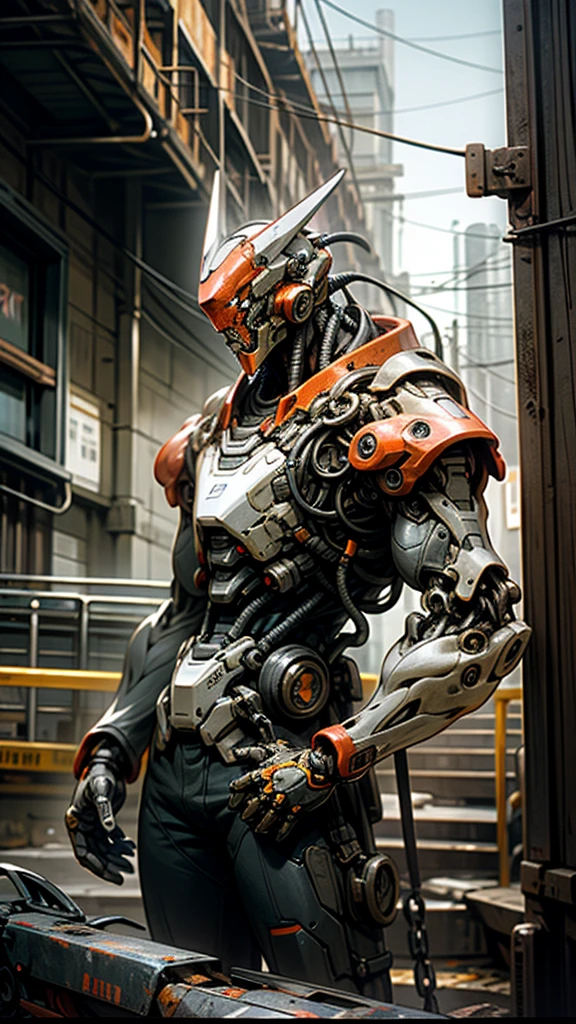 8K wallpapers, ultra-detailed works, cinematic lighting, realistic photos, Dark_Fantasy, Cyberpunk, (chain saw, chain saw man, Red: 1.1), 1man, Mechanical marvel, Robotic presence, Cybernetic guardian, wearing a worn-out mech suit , intricate, (steel metal [rust]), elegant, sharp focus, photographed by greg rutkowski, soft lighting, vibrant colors, masterpiece, ((street)), cowboy shot, dynamic pose,