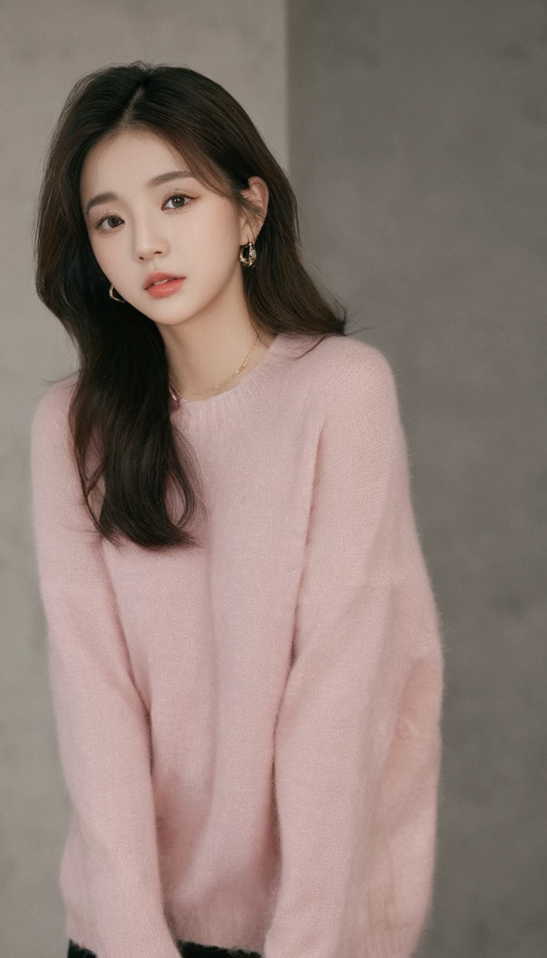 ultra wide shoot, front photo, elegant woman, (Photorealsitic)、(intricate detailes:1.2)、(masterpiece、:1.3)、beauty face, (top-quality:1.4)、(超A high resolution:1.2)、超A high resolution、(A detailed eye)、(detailed facial features), ((Realistic lighting、top-quality、8K、natural light, masterpiece:1.3))、bright photo, Clear focus:1.2、1girl in、flawless beauty:1.4、Superfine Face、 woman wearing a pink hat and sweater, gorgeous young korean woman, beautiful young korean woman, beautiful south korean woman, korean girl, ulzzang, lovely delicate face, young adorable korean face, popular korean makeup, beautiful asian girl, girl cute-fine-face, korean woman, sakimichan, popular south korean makeup, big Narrow-eyed、double eyelid、photos realistic, perfect eyes, perfect skin, detailed skin, detailed face, looking viewer, front view, potrait, raw photo, simple soft pink background, (intricate detailed skin textured:1.4) front view, looking viewer, clear face, 1 girl、porate、Bright and very beautiful face、beautiful girl, A stunning close-up portrait showcasing the beauty of a Korean model. The composition features soft, natural lighting , bright eyes, and striking cheekbones. Her glossy, The background is simply black background, wear black sweetshirt, neat hair, long hair, instagram model, profil picture, bright and natural