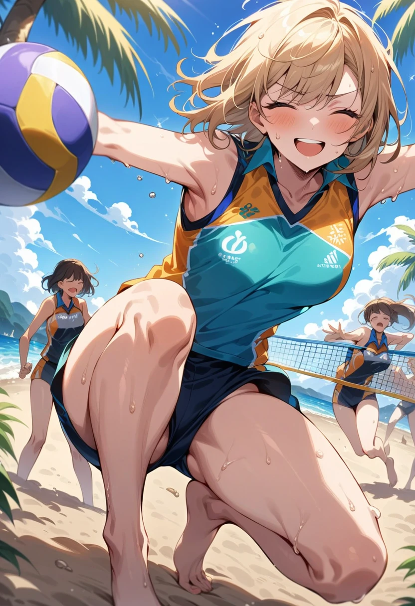 ((Masterpiece)), ((Best Quality)), (Very Detailed), ((Very Detailed)), 4K, (8K), very aesthetic, absurdres highres, Please draw male and female players enjoying beach volleyball on a sunny beach. They are wearing beach volleyball uniforms, sweating and energetically jumping and hitting their spikes. The blue sky and sun are in the background, with palm trees, beach umbrellas, and spectators visible. Footprints are left on the beach, and the sand is scattered. The smiles and sweat from the players create a lively scene.
