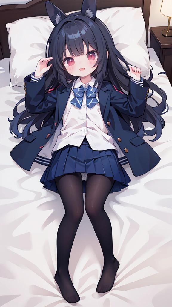 1 Girl,pantyhose,individual,long hair,skirt,Uniforms,blush,,,Jacket,lying down,looking at the audience,black hair,On the back,Red eyes,Bow,Pillow,Black pantyhose、Red Bow,White shirt,under panties,shirt,Long sleeve,No shoes,Pleated skirt with lace-up pantyhose,bangs,Blue Jacket,open mouth,Bow on the bed,Sports Jacket,extra long hair,Elevate your thighs,Feet raised and knees bent