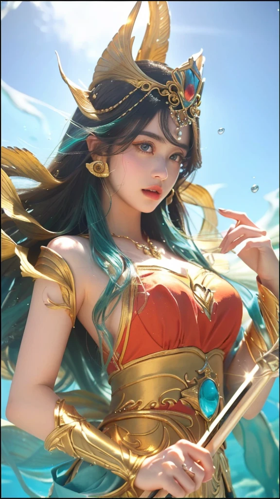 a close up of a woman in a costume holding a spear, queen of the sea, 1girl, detailed eyes, detailed lips, long eyelashes, beautiful face, ethereal, elegant, majestic, regal, dramatic lighting, underwater scene, shimmering sea, coral reef, schools of fish, kelp forest, photorealistic, highly detailed, cinematic, epic, fantasy, masterpiece