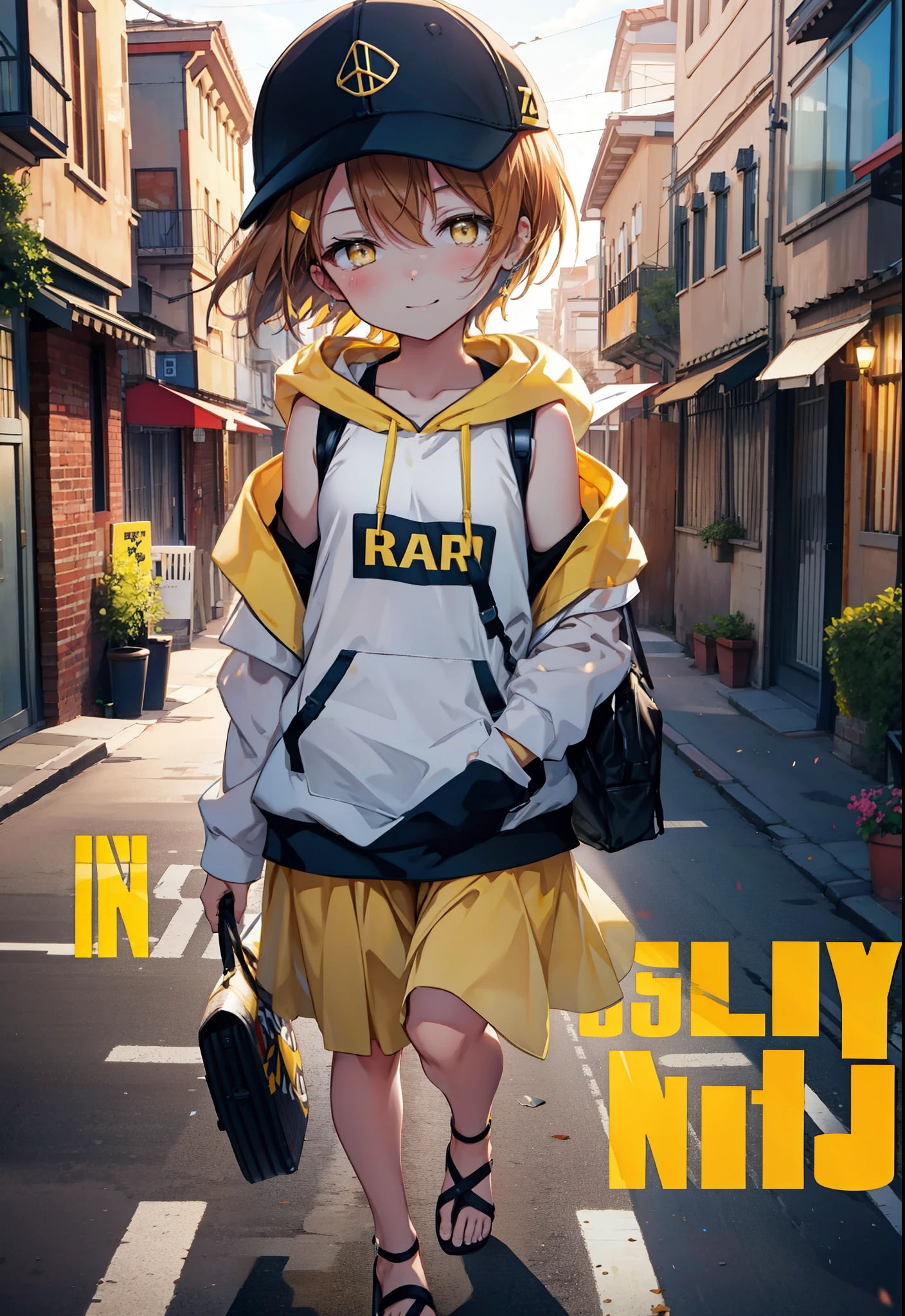 Rin Hoshizora (Yellow Eyes:1.5), Hair between the eyes, Brown Hair,Short Hair,blush,happy smile, smile, Open your mouth,Baseball hats,Oversized sleeveless hoodie,Long skirt,Cute Sandals,Daytime,Clear skies,Walking,whole bodyがイラストに入るように, 　　　　　　　　　　　break looking at viewer, whole body 　　　　　　　　break outdoors, Building district, 　　　　　　　　　　　break (masterpiece:1.2), Highest quality, High resolution, unity 8k wallpaper, (figure:0.8), (Beautiful attention to detail:1.6), Highly detailed face, Perfect lighting, Highly detailed CG, (Perfect hands, Perfect Anatomy),