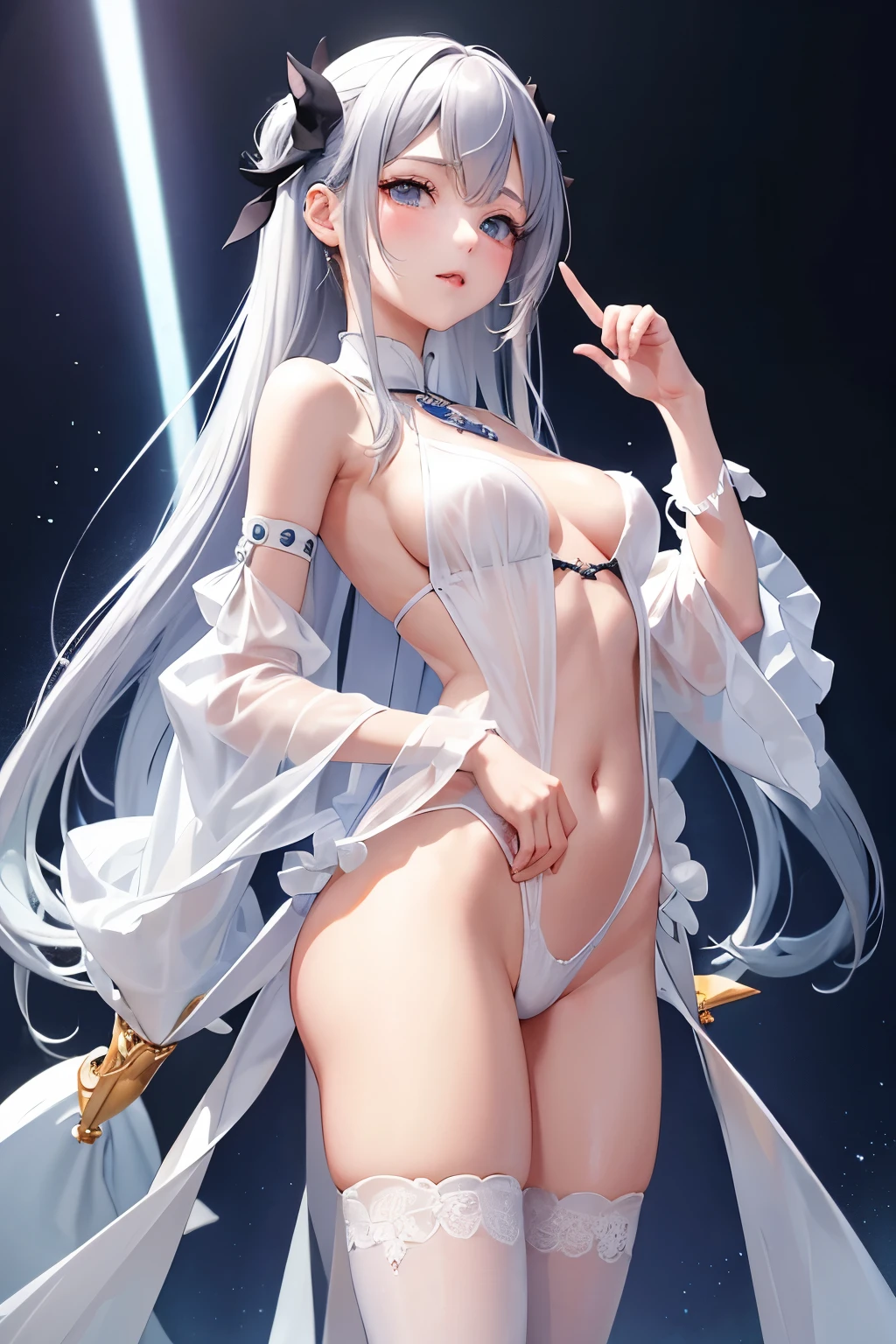 （（（ＳＦＷ、sound、Highest quality、first-clasasterpiece、Normal body、8K、Detailed face、Ultra-precision、Normal hand、Normal finger、５Finger、Highest）））、human、beautiful girl、A neat young lady、Polite、Silver Hair、slender、Small breasts、low length、thin feet、Sheer costume in white、No sleeve、first round、first roundに紐、No underwear、 bra、blush、Feeling embarrassed、slave、Support your master、Crazy for my master、The eyes are heart shaped、I love you, master、I love my master、Absolute Obedience、slavefirst round、slaveの証、Serve your master、I will give everything to my master、Kissing Face、The clothes are see-through and the skin is visible、Nipple erection、A bold outfit for your master、I want my master to see it、Bold Pose、Neat and clean posture