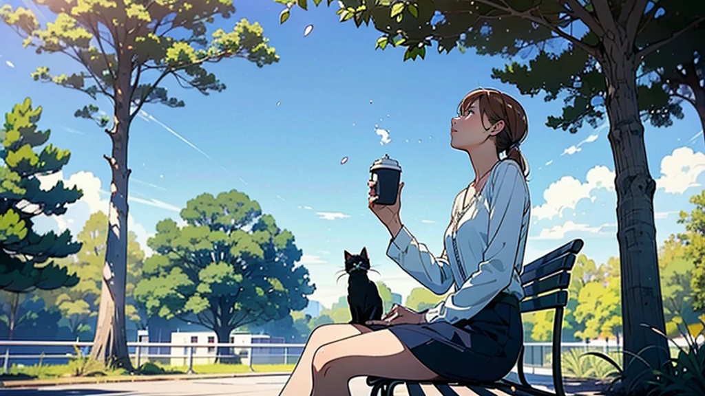 (Woman sitting on a park bench looking up at the sky),(Have a coffee),(Cozy and comfortable seating),(Sunlight filtering through the trees),(Clear skies),(noon),(Ultra-detailed anime-style scenery wallpaper),A woman is drinking coffee alone,cat,