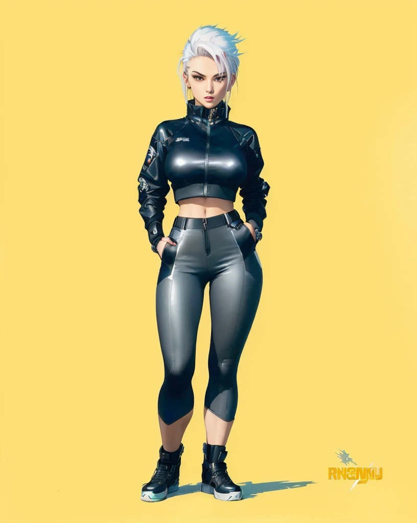 a drawing of a woman in a black suit and black shoes, Android 18, cyberpunk 2 0 years. o model girl, valkyrie style character, anime style character, Cyborg - Girl with silver hair, urban girl fanart, cyber universe style, Designed like a ghost in the shell., cyberpunk costume, inspired by Eve Ryder
