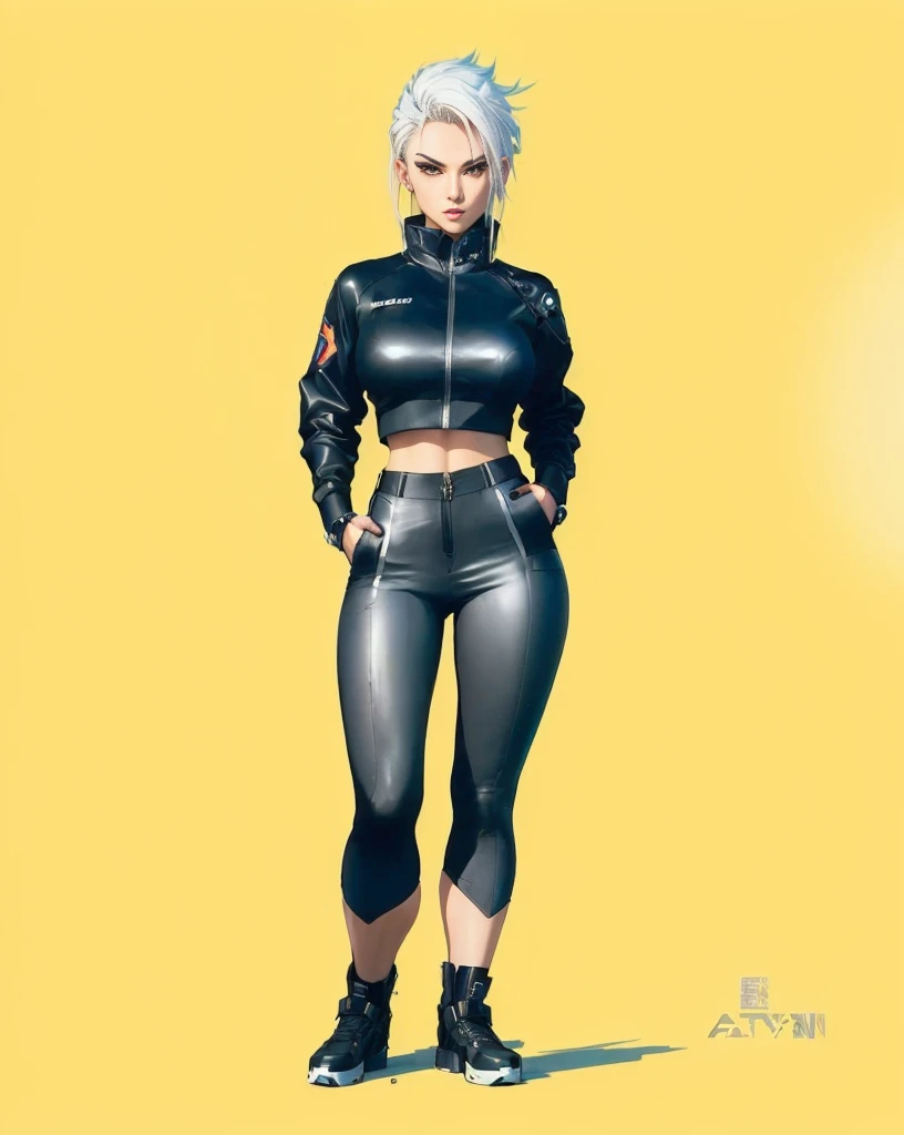 a drawing of a woman in a black suit and black shoes, Android 18, cyberpunk 2 0 years. o model girl, valkyrie style character, anime style character, Cyborg - Girl with silver hair, urban girl fanart, cyber universe style, Designed like a ghost in the shell., cyberpunk costume, inspired by Eve Ryder