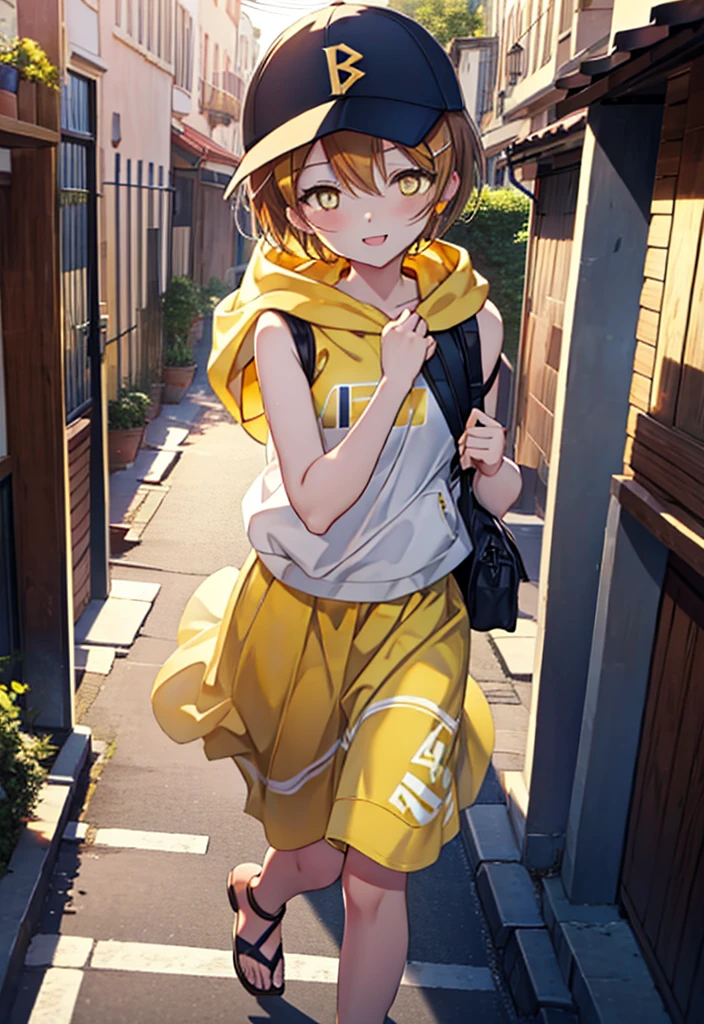 Rin Hoshizora (Yellow Eyes:1.5), Hair between the eyes, Brown Hair,Short Hair,blush,happy smile, smile, Open your mouth,Baseball hats,Oversized sleeveless hoodie,Long skirt,Cute Sandals,Daytime,Clear skies,Walking,whole bodyがイラストに入るように, 　　　　　　　　　　　break looking at viewer, whole body 　　　　　　　　break outdoors, Building district, 　　　　　　　　　　　break (masterpiece:1.2), Highest quality, High resolution, unity 8k wallpaper, (figure:0.8), (Beautiful attention to detail:1.6), Highly detailed face, Perfect lighting, Highly detailed CG, (Perfect hands, Perfect Anatomy),