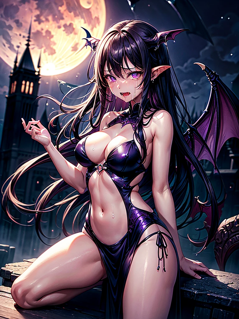 Highest quality,Highest Resolution,Crying Succubus,purple,tooth,Western-style building,night,full moon,Tears,(((Dripping saliva))),whole body,front,Very beautiful eyes,night空,Big Breasts,Ultra high leg,Tback,