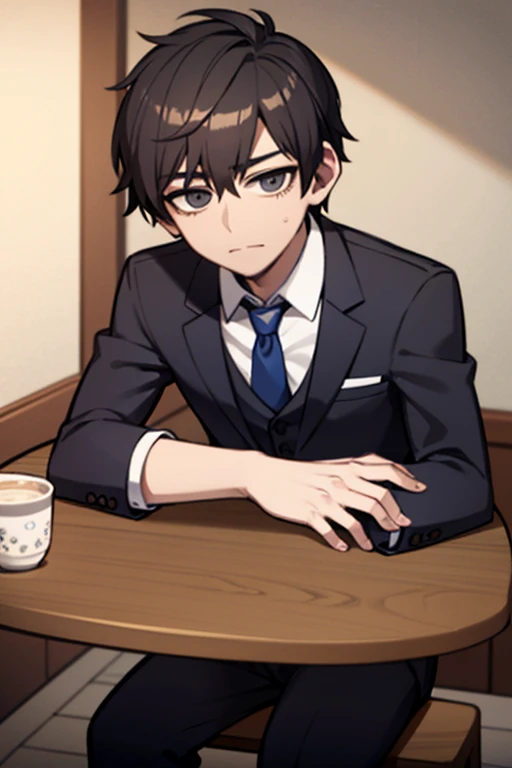 Young man in a navy blue business suit, sitting at a table, family restaurant