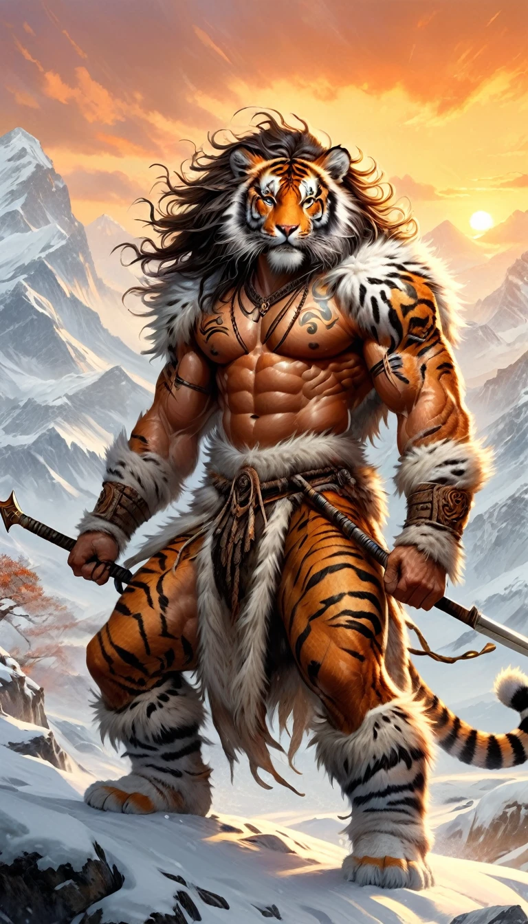 Visualize an enthralling fantasy illustration centered on a formidable wild man who exudes untamed energy. His hair is disheveled, his expression fierce and full of life, eyes sharp and piercing. His muscular and sculpted body is clad in warm winter garments crafted from heavy fur, artfully blending traditional Chinese design motifs with contemporary elements like deliberately ripped fabrics, implying a story of survival and strength.
Atop a large and majestic tiger he rides, its fur adorned with complex and beautiful patterns that speak of its noble lineage and mystical origin. In his grip is a long spear, suggesting his readiness for the challenges ahead. They traverse a stark snowy landscape, the untamed wilderness around them alight with the warm hues of a setting sunset, hinting at a blend of harshness and beauty in their world."