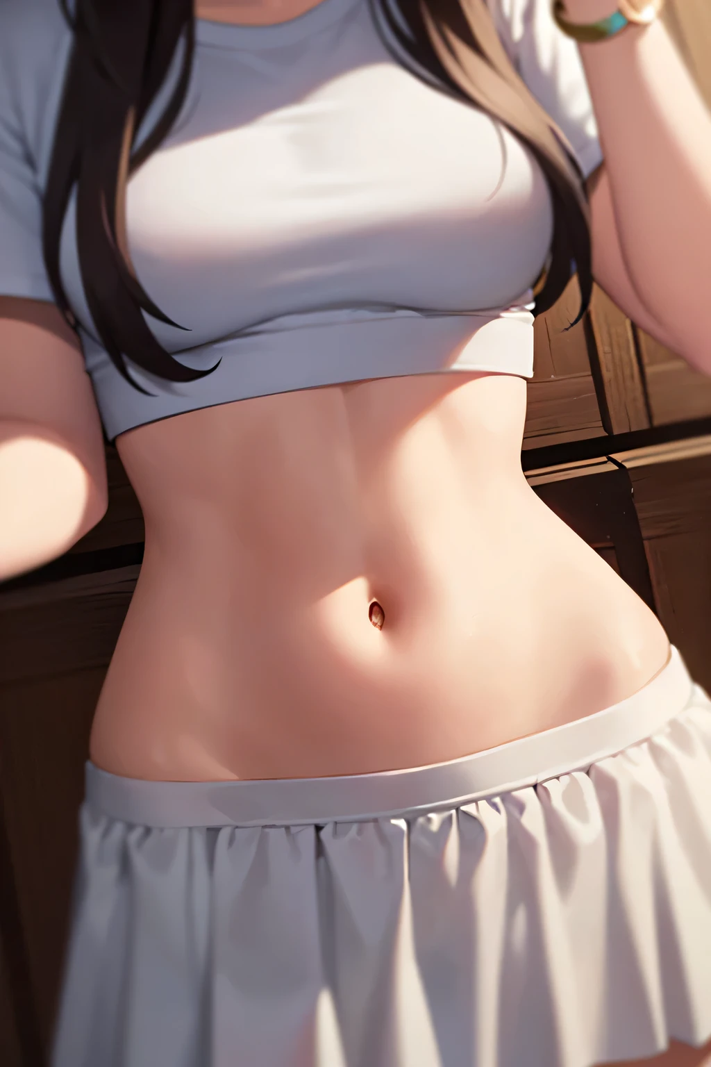 super fine illustration, vibrant colors, masterpiece, sharp focus, best quality, depth of field, cinematic lighting, ultra detailed, cropped t shirt, white skirt, ruffled skirt, navel, belly button, tummy, wide hips, 1 woman, solo, milf, very messy hair, very long hair, slender, blush, annoyed, mature female, tall woman, looking down, v-shaped eyebrows, medium breasts, black hair, earring, bangle, stomach, choker, 
