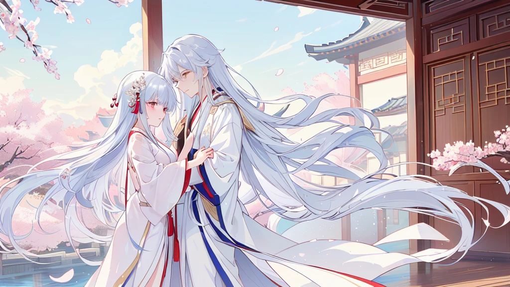 Anime couple in traditional costumes standing in front of cherry blossom trees, flowing white robe, White Hanfu, Long flowing hair and robes, Wearing a white robe!, palace , Girl wearing Hanfu, Wing Wall and Shurak, Gu Weiss, cotton cloud mage robes, Hanfu, Wearing Chinese clothes, Wearing a flowing robe, Dressed in a white robe