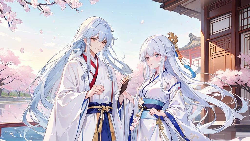 Anime couple in traditional costumes standing in front of cherry blossom trees, flowing white robe, White Hanfu, Long flowing hair and robes, Wearing a white robe!, palace ， Girl wearing Hanfu, Wing Wall and Shurak, Gu Weiss, cotton cloud mage robes, Hanfu, Wearing Chinese clothes, Wearing a flowing robe, Dressed in a white robe