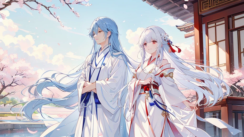 Anime couple in traditional costumes standing in front of cherry blossom trees, flowing white robe, White Hanfu, Long flowing hair and robes, Wearing a white robe!, palace , Girl wearing Hanfu, Wing Wall and Shurak, Gu Weiss, cotton cloud mage robes, Hanfu, Wearing Chinese clothes, Wearing a flowing robe, Dressed in a white robe