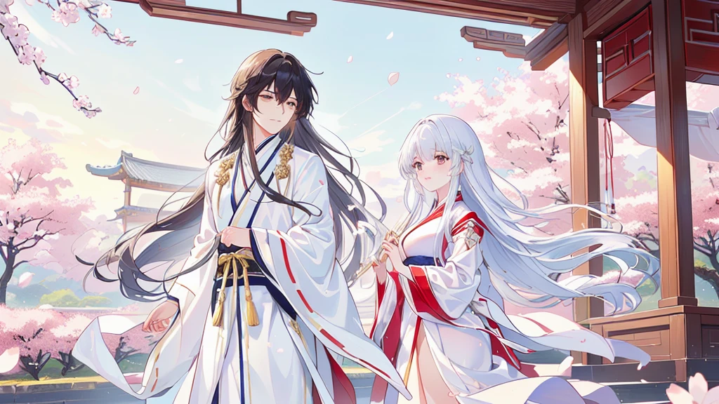 Anime couple in traditional costumes standing in front of cherry blossom trees, flowing white robe, White Hanfu, Long flowing hair and robes, Wearing a white robe!, palace , Girl wearing Hanfu, Wing Wall and Shurak, Gu Weiss, cotton cloud mage robes, Hanfu, Wearing Chinese clothes, Wearing a flowing robe, Dressed in a white robe