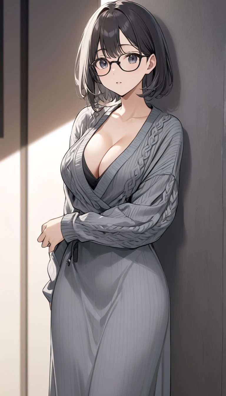 short、Black-rimmed glasses、Grey knit maxi dress with a loose fit around the chest、Cleavage