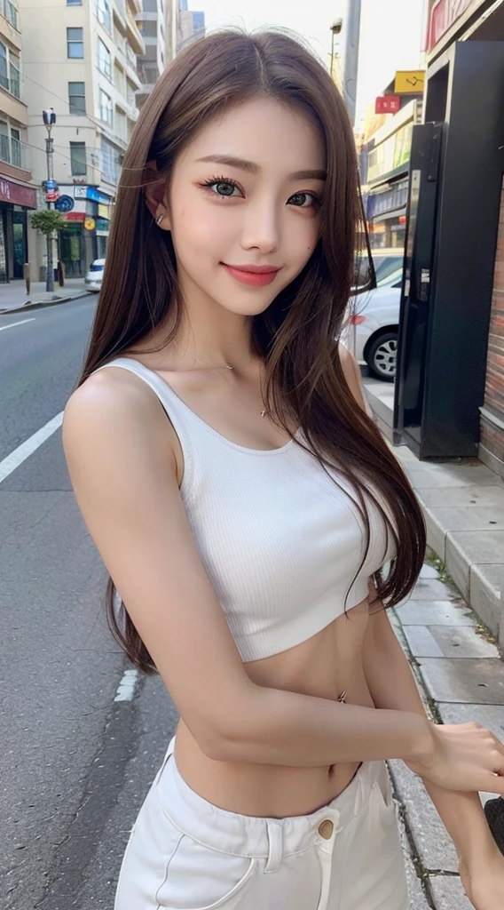 ((Realistic lighting, best qualtiy, 8K, tmasterpiece:1.3)), sharp focus:1.2, 1girl, Beautiful Women with Perfect Figure:1.4, Slim abs:1.1, ((dark brown hair)), (White crop top:1.4),(exteriors,during night:1.1),the city street,Ultra-fine face,Fine eyes,double eyelid,Smile