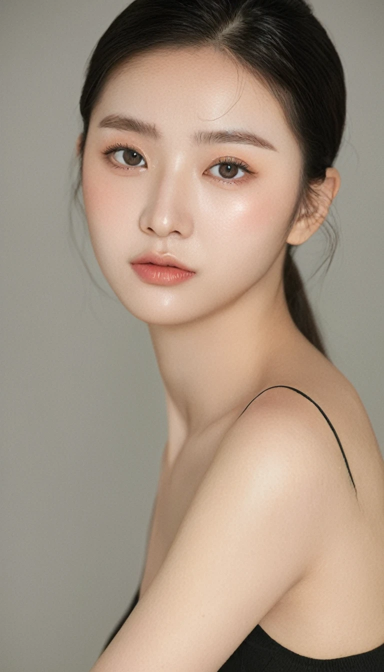 ultra wide shoot, front photo, elegant woman, (Photorealsitic)、(intricate detailes:1.2)、(masterpiece、:1.3)、beauty face, (top-quality:1.4)、(超A high resolution:1.2)、超A high resolution、(A detailed eye)、(detailed facial features), ((Realistic lighting、top-quality、8K、natural light, masterpiece:1.3))、bright photo, Clear focus:1.2、1girl in、flawless beauty:1.4、Superfine Face、big Narrow-eyed、double eyelid、photos realistic, perfect eyes, perfect skin, detailed skin, detailed face, looking viewer, front view, potrait, raw photo, simple soft pink background, (intricate detailed skin textured:1.4) front view, looking viewer, clear face, 1 girl、porate、Bright and very beautiful face、beautiful girl, A stunning close-up portrait showcasing the beauty of a Korean model. The composition features soft, natural lighting , bright eyes, and striking cheekbones. Her glossy, The background is simply black background, wear black sweetshirt, neat hair, long hair, instagram model, profil picture, bright and natural