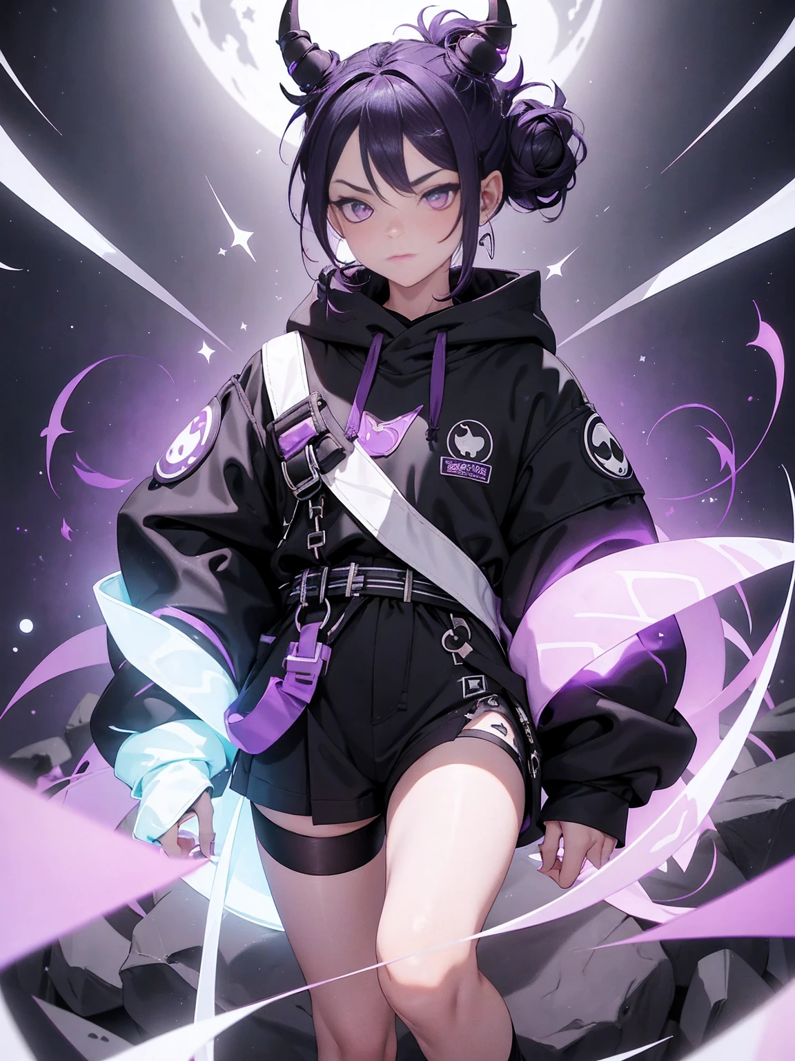boy. thoughtful look. open forehead. black and purple hair tied in a bun on the left side to one side. winding black horns wrapped in white ribbon. white violet eyes. in short dark purple shorts. long white T-shirt. dark purple knee-high socks. dark purple long cloak inside white with hood. background - moonlight and stars Solar system, Flying pages