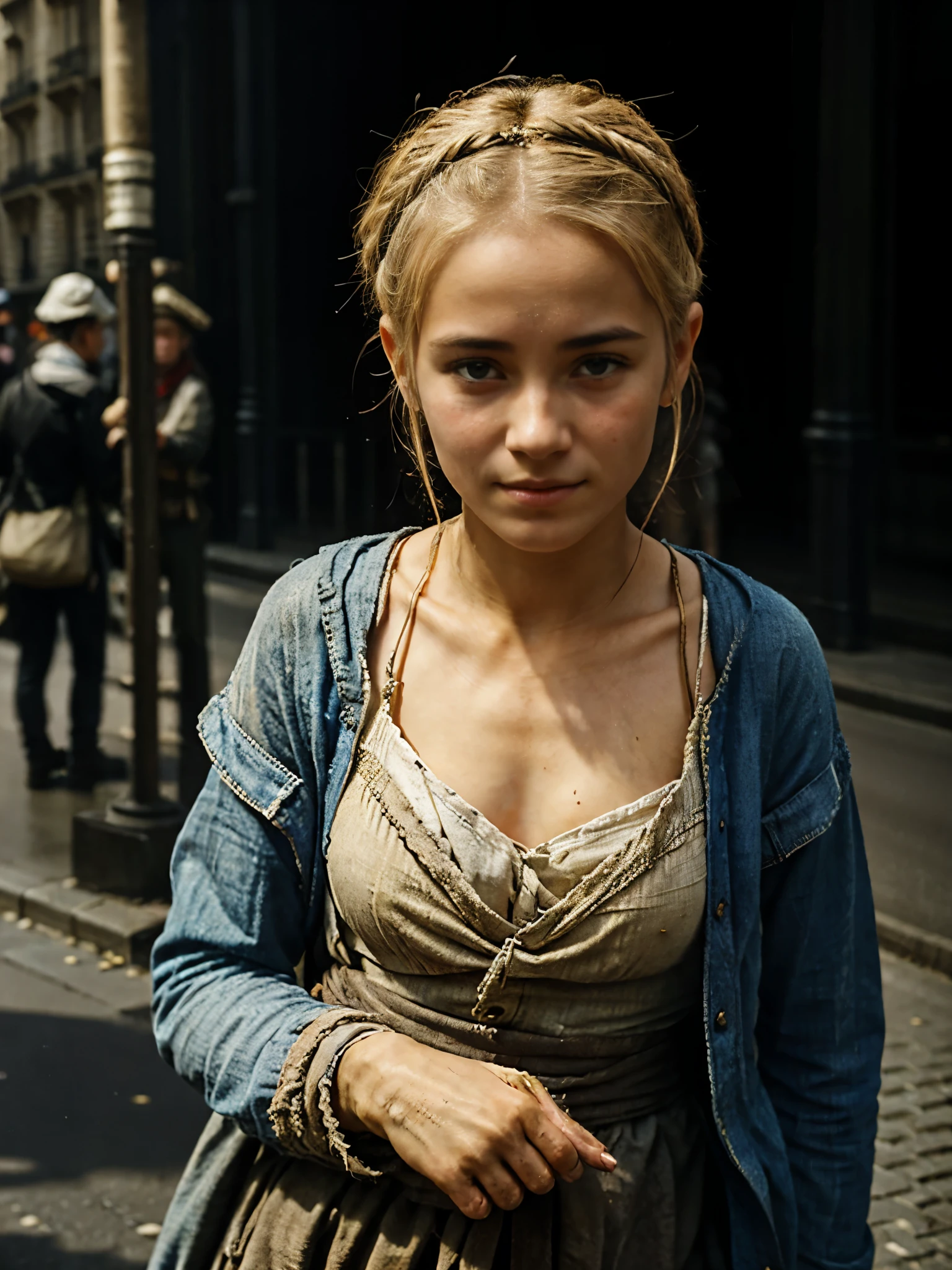 During the French Revolution,18 century ,Begging on the street、Wearing rags、The face is dirty, Poor girl, Beautiful young farm girl, Gold hair, Streets of Paris, Naoreon's soldiers are marching, accurate, anatomically correct, textured skin, beautiful fingers super detail, high details, high quality, best quality,