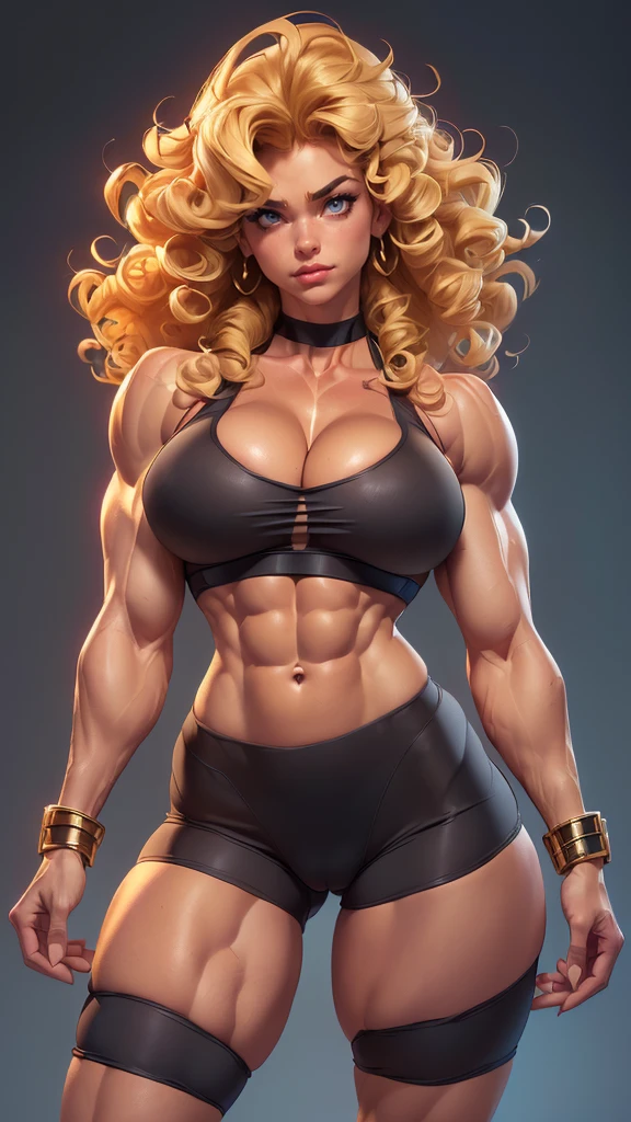 (beautiful detailed photo), (high quality image), (((woman with bodybuilder physique))), (((gorgeous face))), (((full plump lips))), (((beautiful eyes))), (((curly blonde hair))), (((very curly hair))), (((bouffant hair))), (((huge muscles))), (((massive bodybuilder muscles))), (((huge bulging muscular torso))), (((huge muscular laterals))), (((defined toned abs))), (((strong defined arms))), (((big muscular arms))), (((big breast))), (((big broad wide shoulders))), (((huge broad wide muscular shoulders))), (((huge broad muscular shoulders))), (((skinny narrow thighs))), (((skinny narrow legs))), (((tattoo on arm))), (((exposed cleavage))), ((sexy sports bra)), (((cameltoe))), ((sexy spandex shorts)), (choker), (((sexy pose))), (full body vie