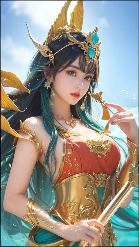 a close up of a woman in a costume holding a spear, queen of the sea, 1girl, detailed eyes, detailed lips, long eyelashes, beautiful face, ethereal, elegant, majestic, regal, dramatic lighting, underwater scene, shimmering sea, coral reef, schools of fish, kelp forest, photorealistic, highly detailed, cinematic, epic, fantasy, masterpiece