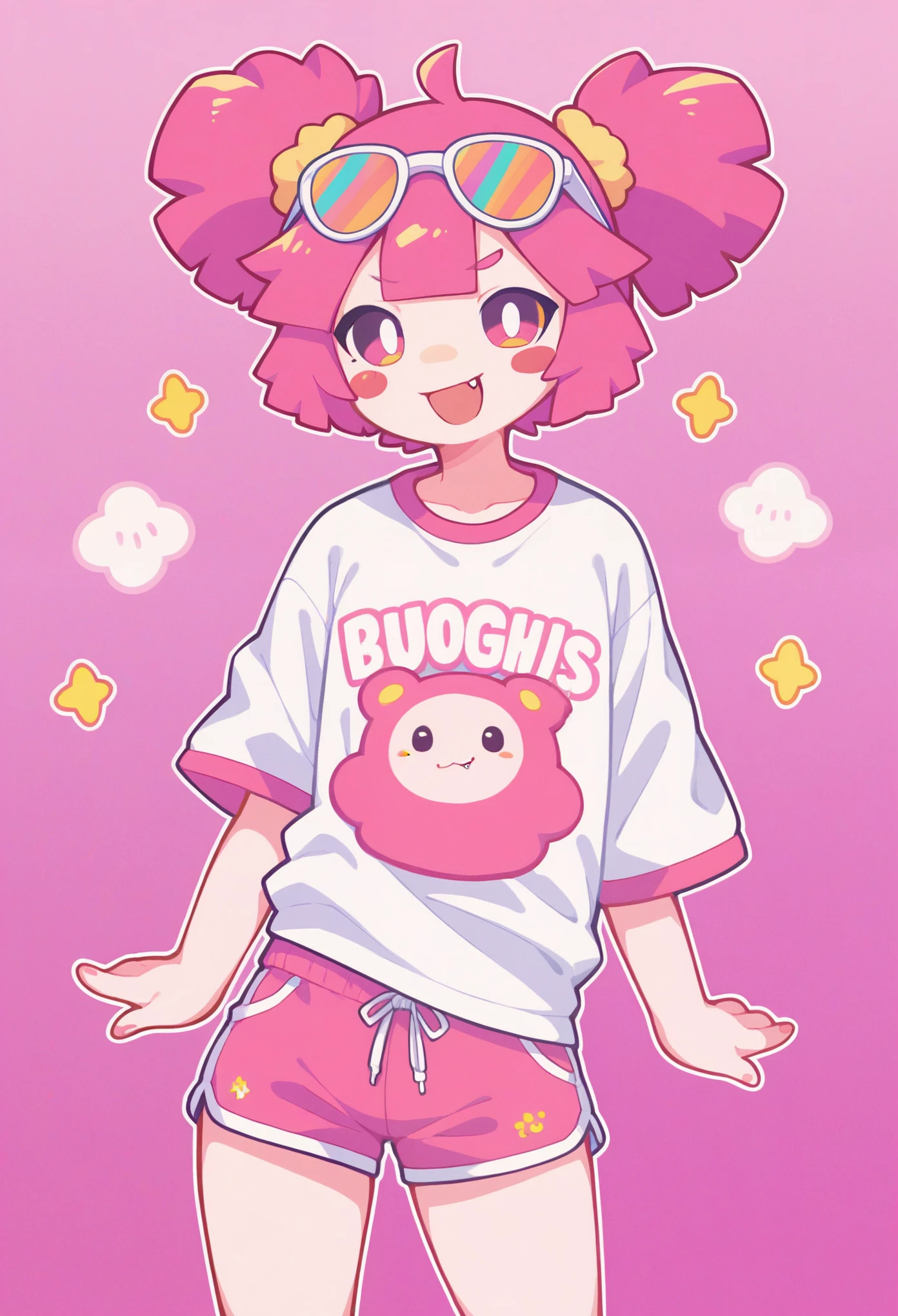 Score_9,score_8_up,score_7_up,solo,1girl,mesugaki,:3,bunches,curvy,looking at viewer,blush stickers,colored sclera,pink hair,fang out,sports sunglasses,loose clothes,shorts,sprinkles,happiny,cartoonized,graffiti,pink theme,gradient background,