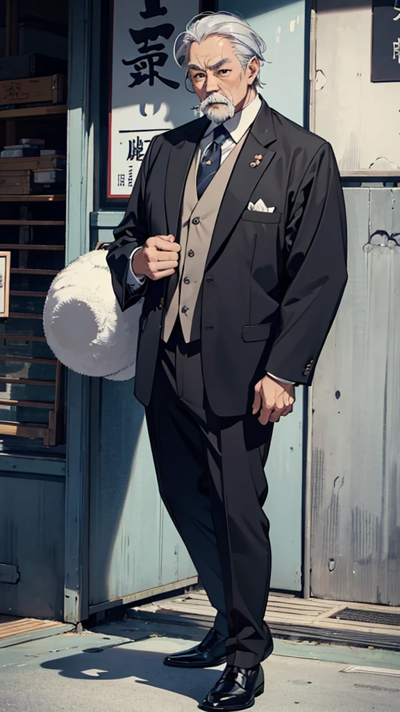 Asian face, Japanese, 60-year-old man, old man, short, black eyes, serious suit, gray hair, gray moustache, full body