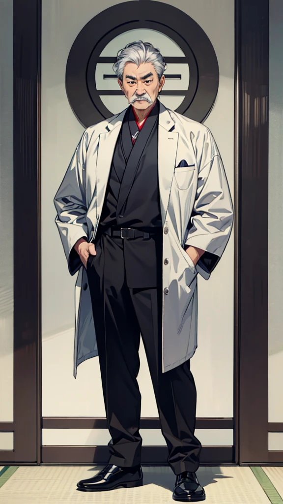 Asian face, Japanese, 60-year-old man, old man, short, black eyes, serious suit, gray hair, gray moustache, full body
