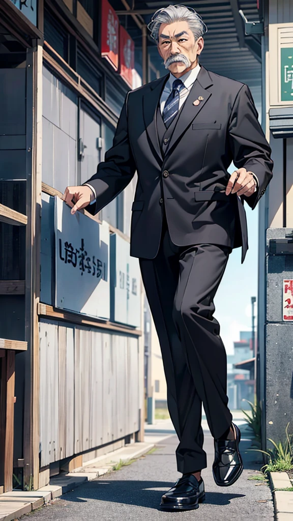 Asian face, Japanese, 60-year-old man, old man, short, black eyes, serious suit, gray hair, gray moustache, full body
