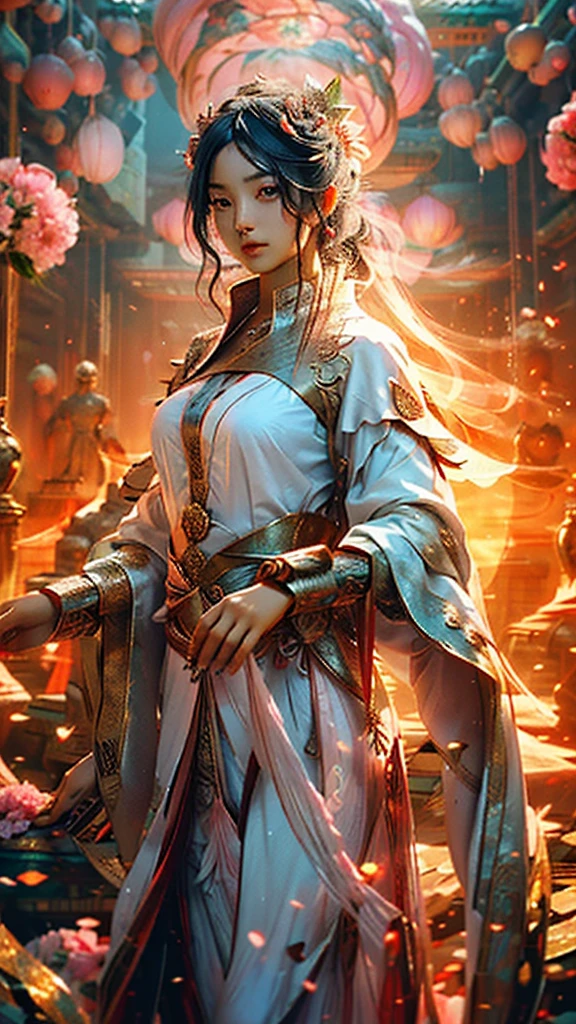best quality,masterpiece,Ultra-high resolution,(photoactual:1.4),,Sky full of peonies(background),20-year-old peony fairy(oriental woman),Pink shawl long hair,cute eyes,Sexy body,Wearing a peony lace skirt,A half-reclining person reads a book and drinks among the peonies.