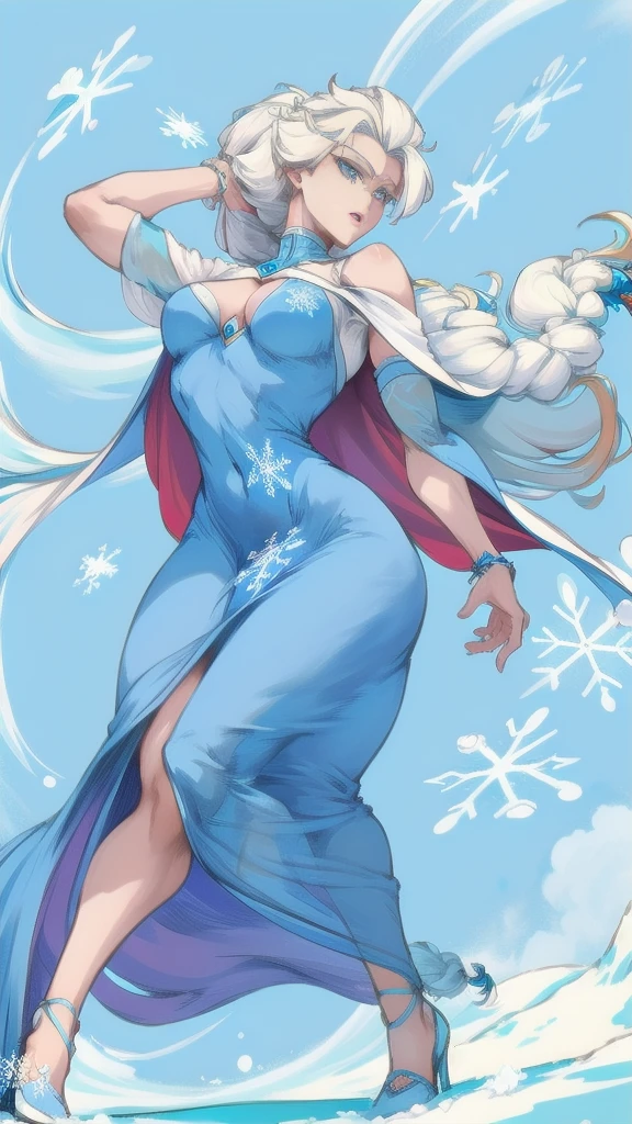 Full body image of Elsa from Frozen, full body in image, wearing her original ice queen dress (blue gown with a cape made of snowflakes), long platinum blonde hair in a braid, female body, slender and elegant body, dynamic pose, detailed pose, simple background, expressive face showing determination, focus on face, line art, sketch