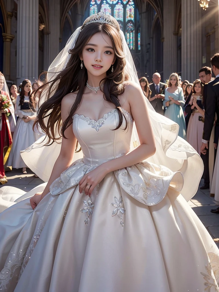 best quality, masterpiece, 1 girl, long hair, huge laugh, cute , shiny lips, sweet, sun glare, Conservative attire, wedding dress, bridal tiara, depth of field, blurred background, Cathedral Background, light particles, strong wind, head tilt