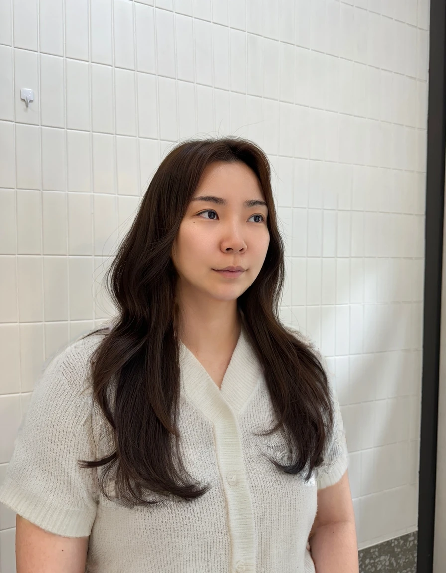 Best Quality, 8k, Masterpiece, (Portrait: 1.3), (photo realistic:1.4), (hyper realistic:1.4), Sharp Focus, looking at viewer, (smoother lighting:1.1), (increase cinematic lighting quality:0.9), realistic lighting, backlighting, light on face, ray trace, (brightening light:1.2), (Increase quality:1.4), sharp detail, (best quality real texture skin:1.4), finely detailed eyes, black_eyes, finely detailed face, 25 year old Korean woman, (white cardigan:1.4), (Create an image maintaining the original base model hairstyle:1.5)