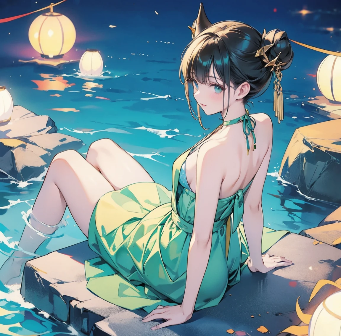 One woman、Gorgeous green swimsuit、,race,Black Hair、Short bun hair、hair ornaments、necklace、back、Golden devil horns、Anatomically correct,、Night beach、Night Pool