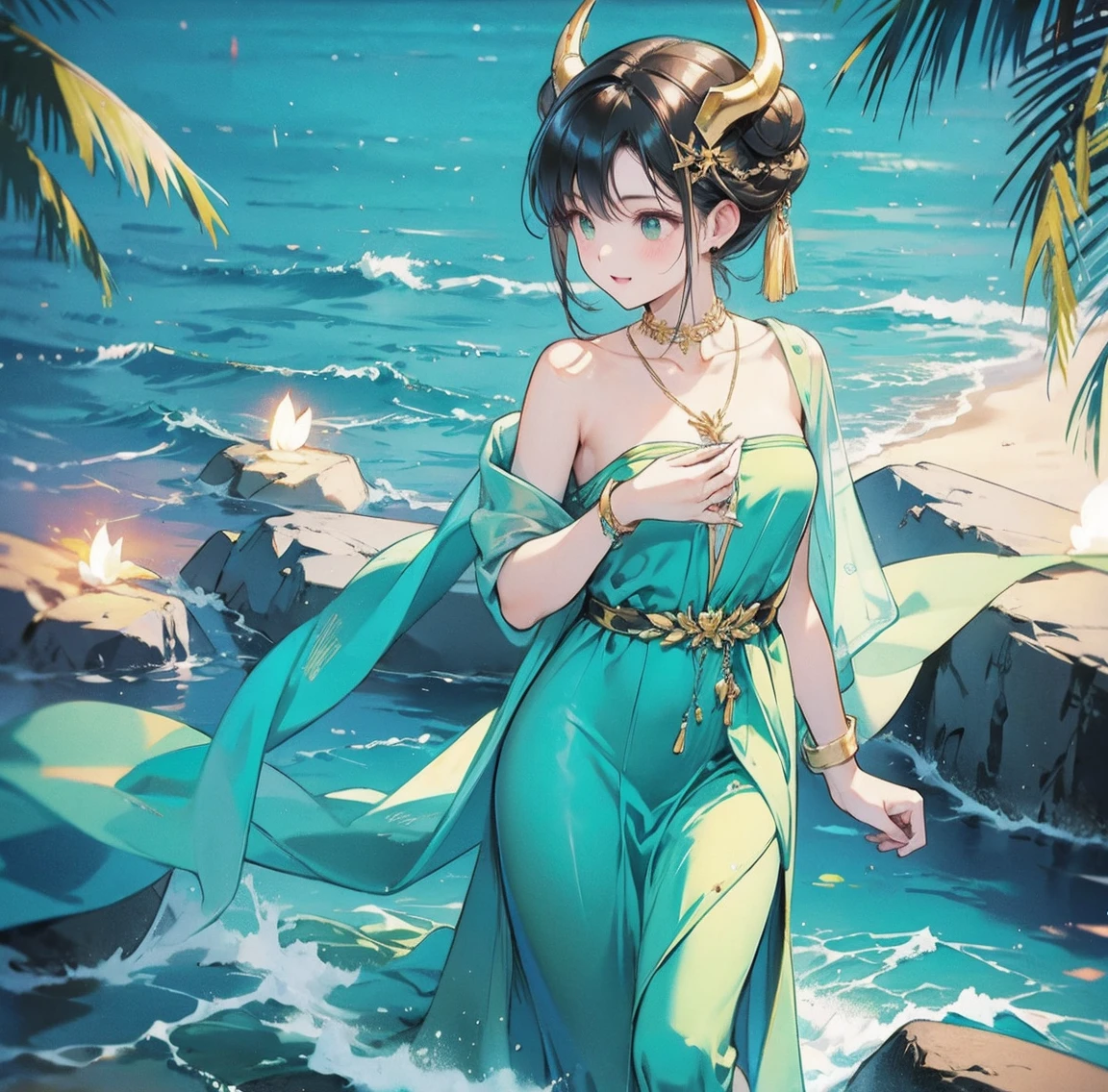 One woman、Gorgeous green swimsuit、,race,Black Hair、Short bun hair、hair ornaments、necklace、back、Golden devil horns、Anatomically correct,、Night beach、Night Pool