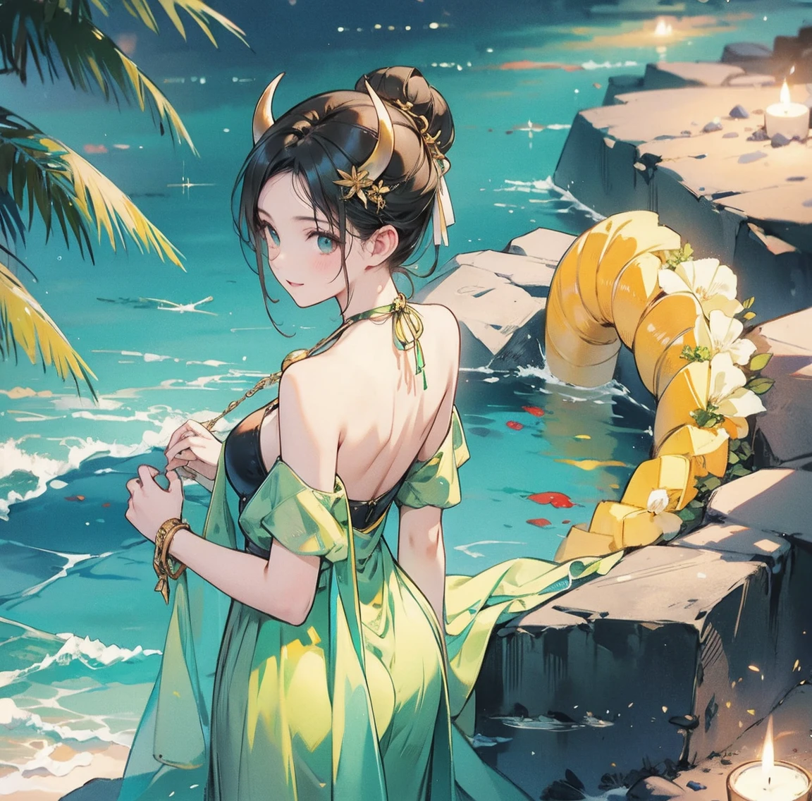 One woman、Gorgeous green swimsuit、,race,Black Hair、Short bun hair、hair ornaments、necklace、back、Golden devil horns、Anatomically correct,、Night beach、Night Pool