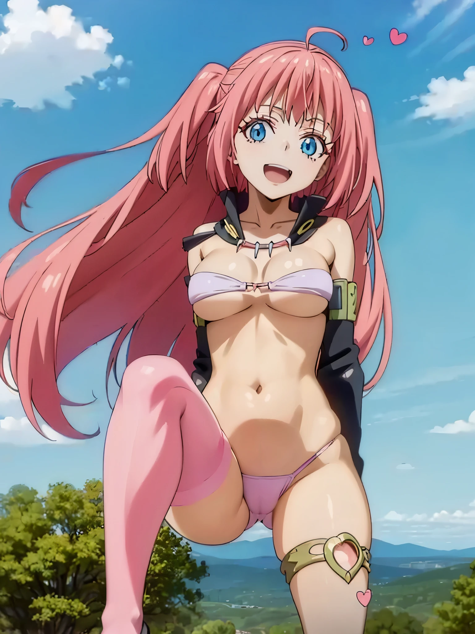 1girl, solo, beautiful girl, brunette skin, blue eyes, big eyes, detailed eyes, long eyelashes, pink hair, long hair, sidelocks, twintails, head tilt, fang, medium breasts, white bikini, string bikini, asymmetrical legwear, pink legwear, pink thighhigh, no pants, smile, looking at viewer, narrow waist, perfect hands, perfect anatomy, cleavage, midriff, navel, bare shoulders, bare arms, outdoors, flying, floating, blue sky, clouds, ultra detailed eyes, anime style, knees together, legs up, smile, open mouth, underboobs, simple background, pink background, hearts, ice cream, holding ice cream,