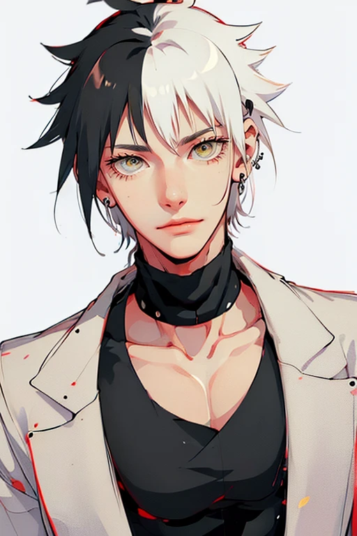 1 male (tall man, slim, manly, dominate,  half black colored-hair, half white colored- hair, yellow eyes, tough, wearing a sci-fi space outfit, has 1 earring.) best quality, ultra-detailed, illustration, complex, detailed, extremely detailed, detailed face, soft light, soft focus, perfect face, illustration: Full Body